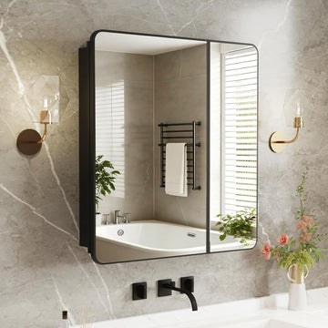 Medicine Cabinet Mirror 30x32 Inch, Black Bathroom Mirror Cabinet with Stepless Adjustable Shelves, Double Doors
