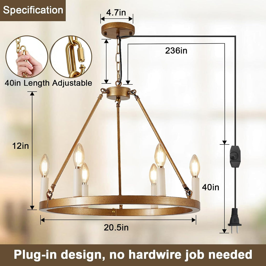 6 Lights DIMMABLE Plug in Wagon Wheel Chandelier, 20.5" Gold Rustic Hanging Lights with Long Cord