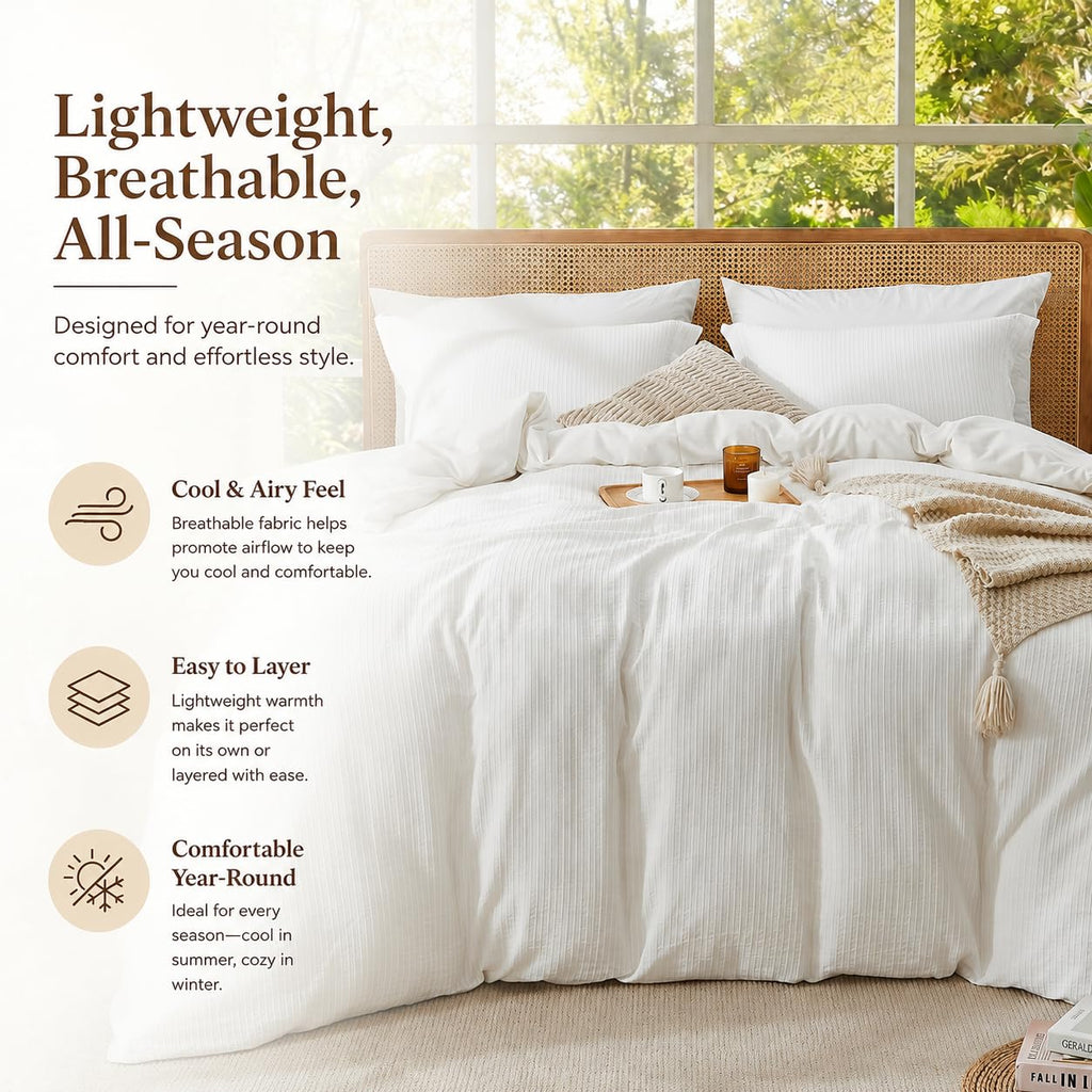 100% Washed Cotton Textured Striped Duvet Cover - Soft Breathable Lightweight Jacquard Bedding Set 3 Pieces