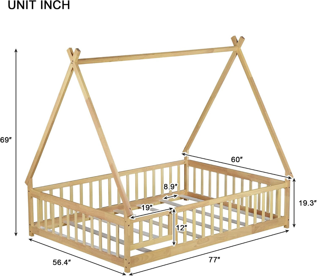 Tent Floor Bed for Kids, Montessori Floor Bed with Door and Guardrails, Teepee Bed for Girls