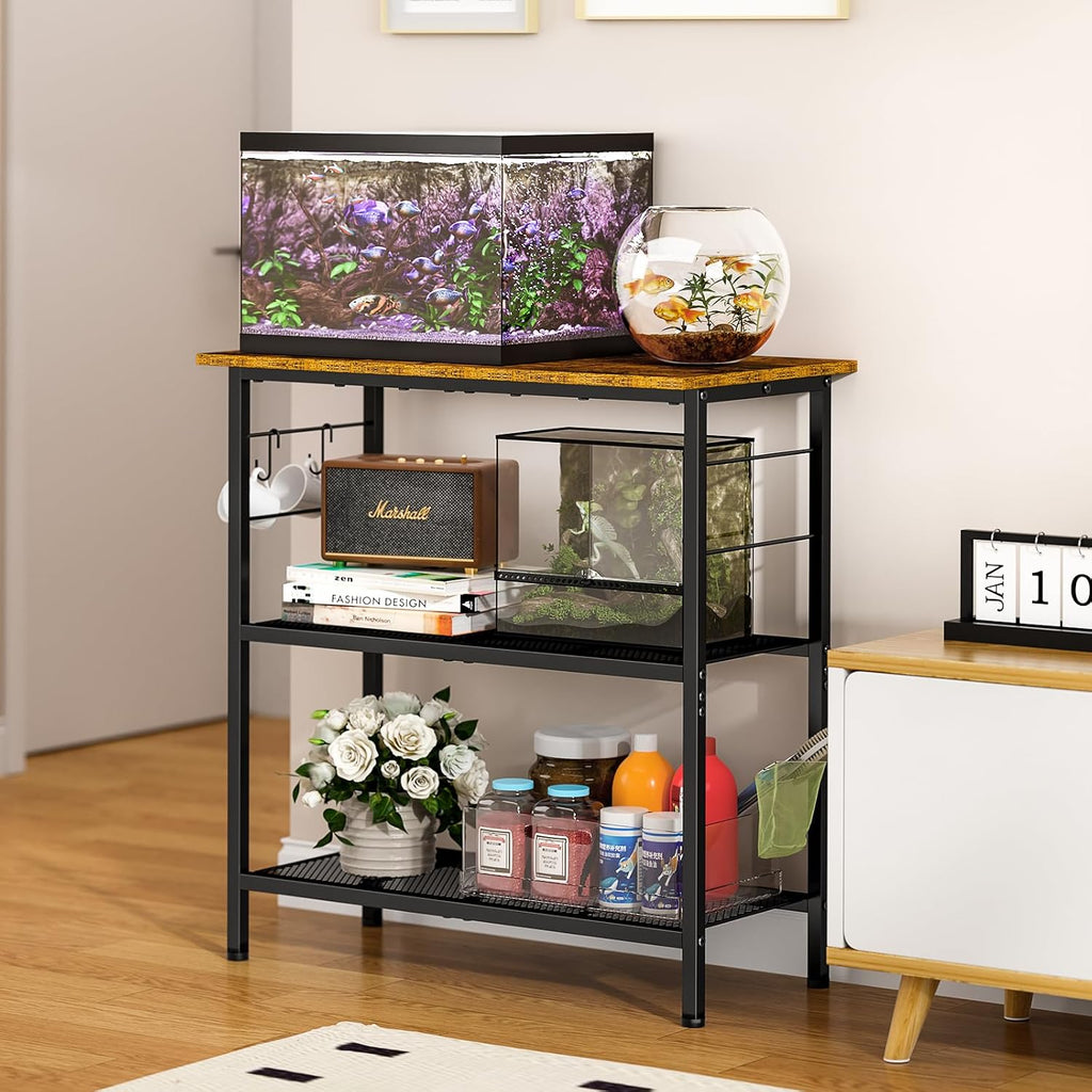20 Gallon Fish Tank Stand, 3 Tier Aquarium Stand with Movable Hooks, 28.5" L* 15.74" W Tabletop, Heavy Duty Terrarium
