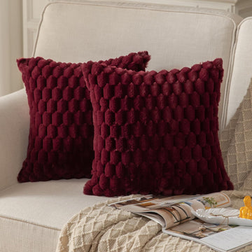 Pack of 2 Burgundy Super Soft Plush Fluffy Decorative Throw Pillow Covers 20x20 inch Faux Fur Wool Velvet Cushion