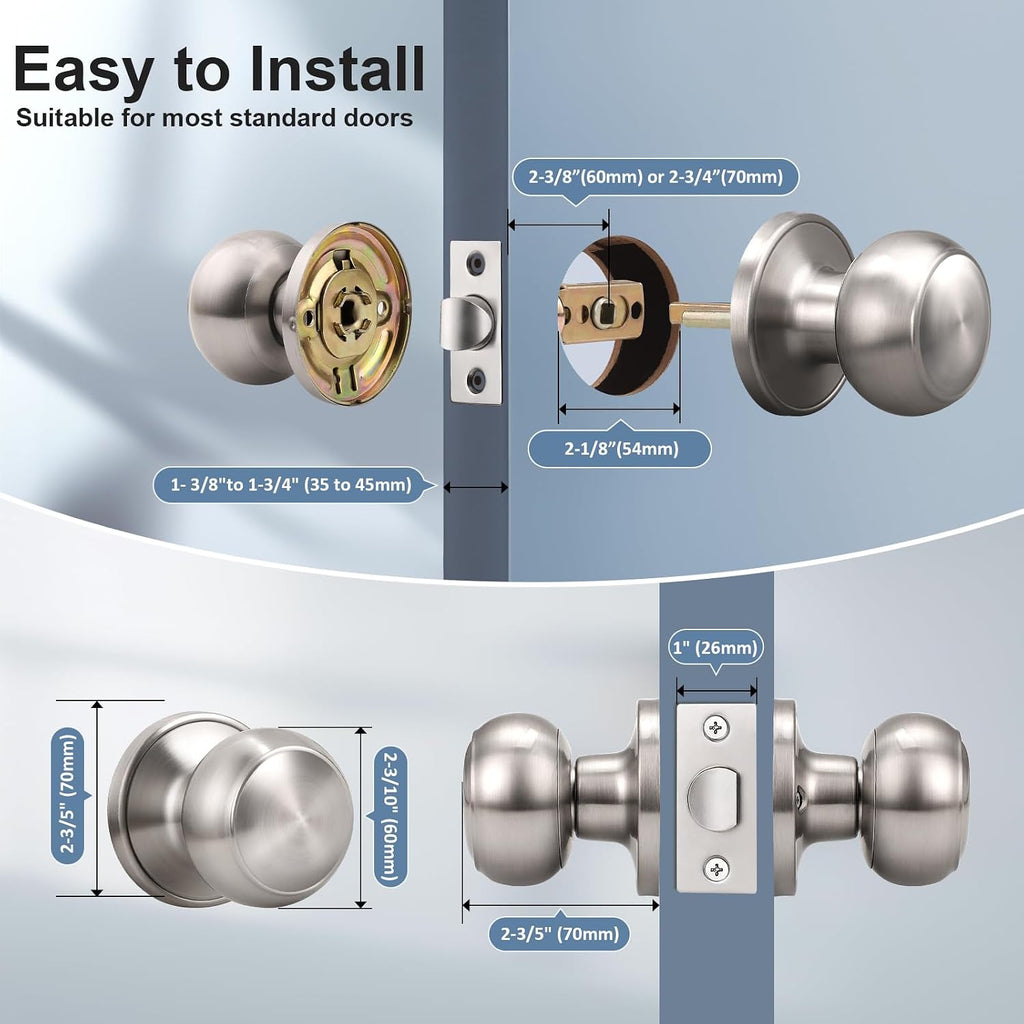 2 Pack Passage Door Knob Brushed Nickel,Round Door knob for Hall and Closet Door Knobs, Non-Locking Round Door
