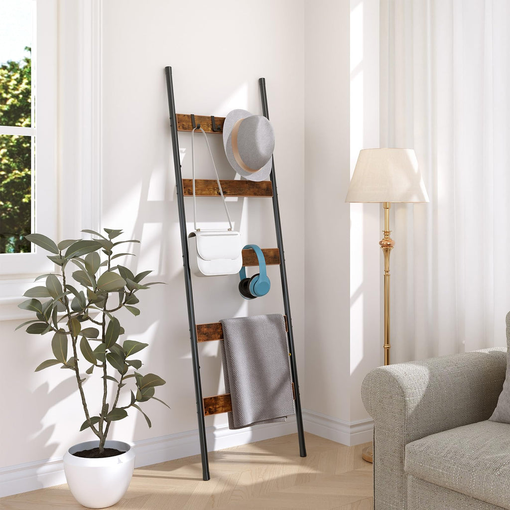 Blanket Ladder, 5-Tier Towel Rack with Hooks, Wall-Leaning Blanket Rack, Decorative Display Ladder Shelf, for