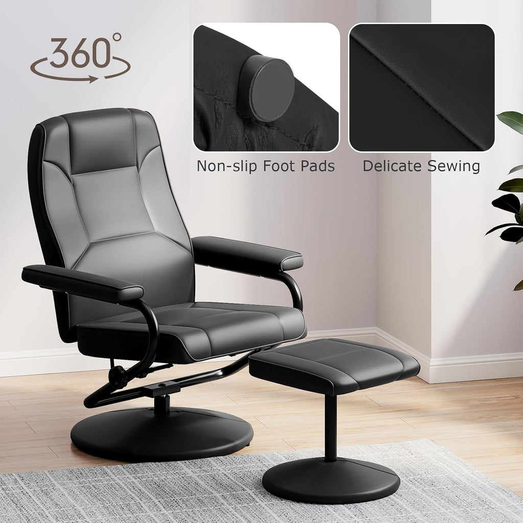 Modern Reclining Swivel Lounge Chair and Ottoman — Black Faux Leather