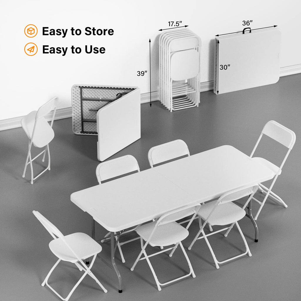 6 FT Plastic Folding Table Set with 6 White Folding Chairs for Picnic, Event, Training, Outdoor Activities, at Home