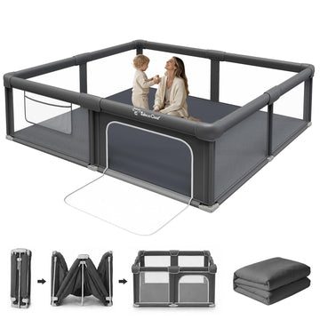 Foldable Playpen for Babies and Toddlers, 71"x79" Portable Play Yard with Mat, Kids Collapsible Play Pen with Sturdy