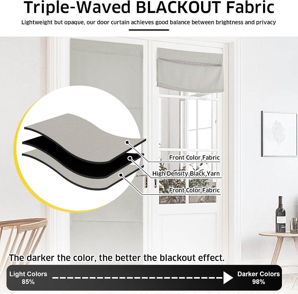 Natural Blackout Roller Shades, No Drill Cordless Door Blinds | Thermal Insulated, Privacy Shades, No Tools Roll