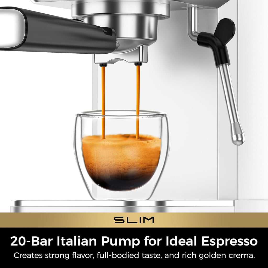 Slim Espresso Machine with Milk Frother Cappuccino & Latte | Precise Pressure Gauge, Food-Grade Materials, 20 Bar