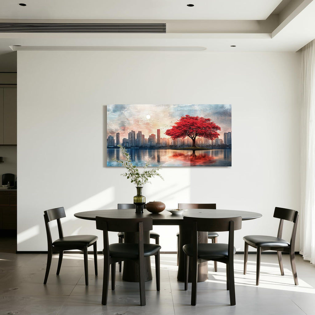 City Skyline Wall, Red Tree Landscape Large Painting 20x40in