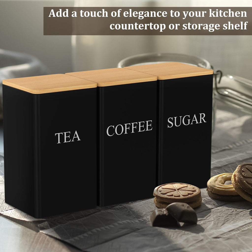 3 Pcs Coffee Tea Sugar Container Set, 1000 ml Vintage Kitchen Canister Set with Bamboo Lids, Metal Food Storage