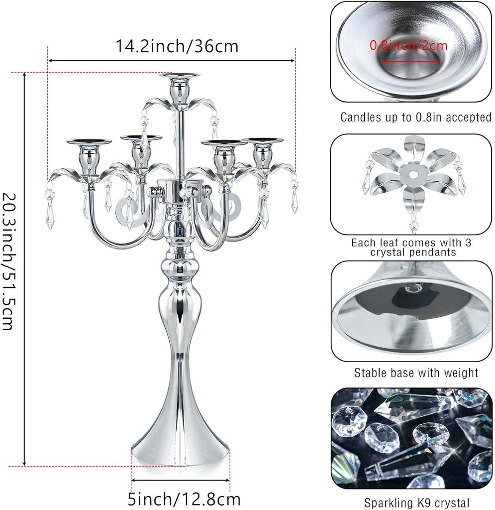 20.3'' Tall 5 Arm Silver Metal Candelabra Centerpiece for Table, Retro Table Centerpieces, Events, Home, Wedding