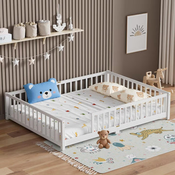 Floor Bed for Teenager, Solid Wood Multifunctional Bed Frame with Safety Guardrails, Without Door, Easy