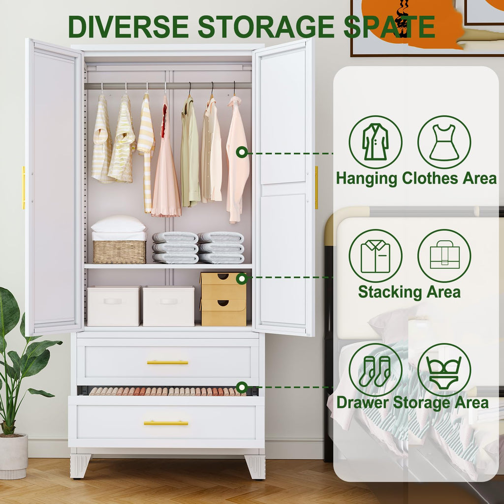 Metal Armoire Wardrobe, 71" Tall Bedroom Closet with Mirror and 2 Drawers