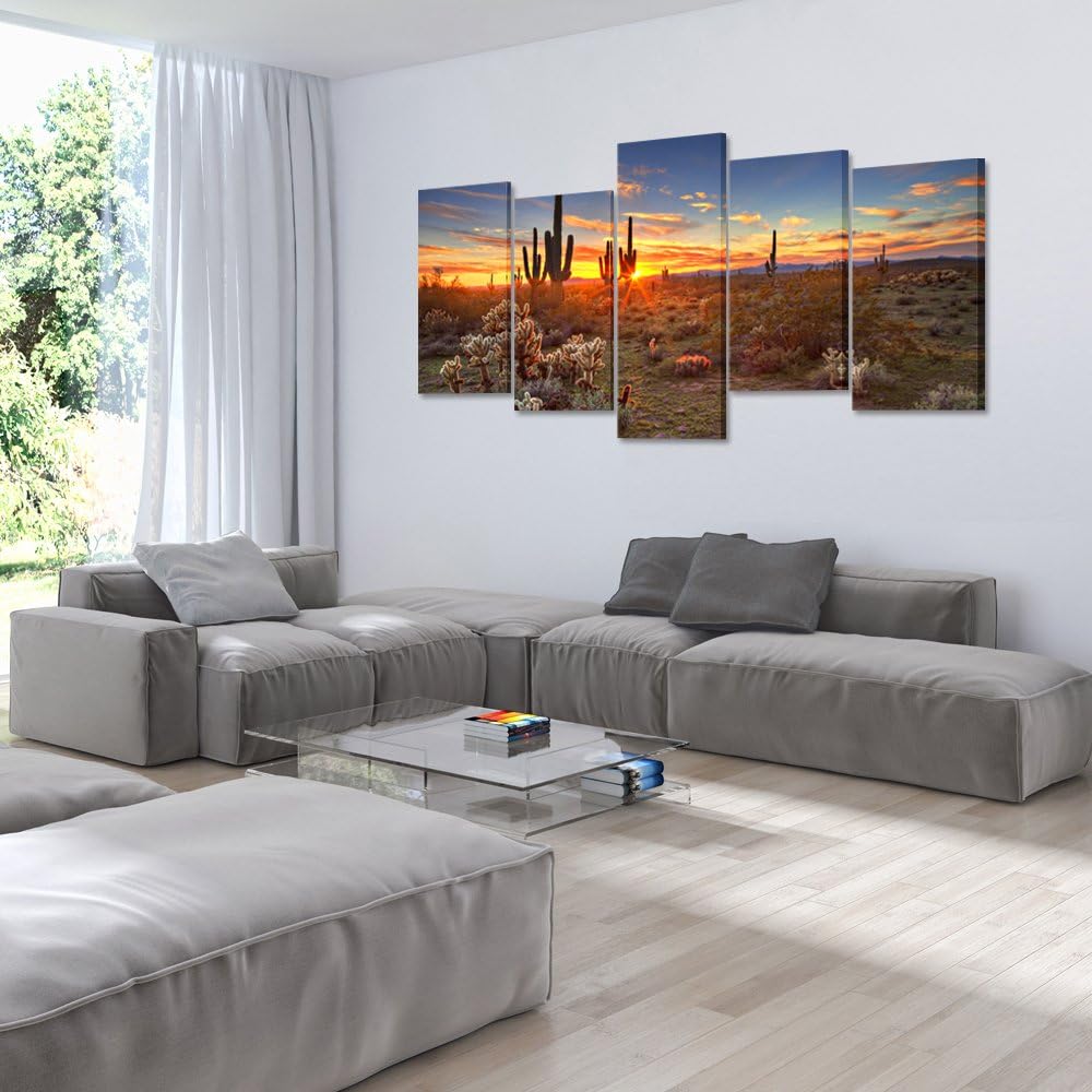 Natural Landscape Paintings Wall Art Sunset with Saguaros in Sonoran Desert 5 Pieces Picture Print on Canvas for