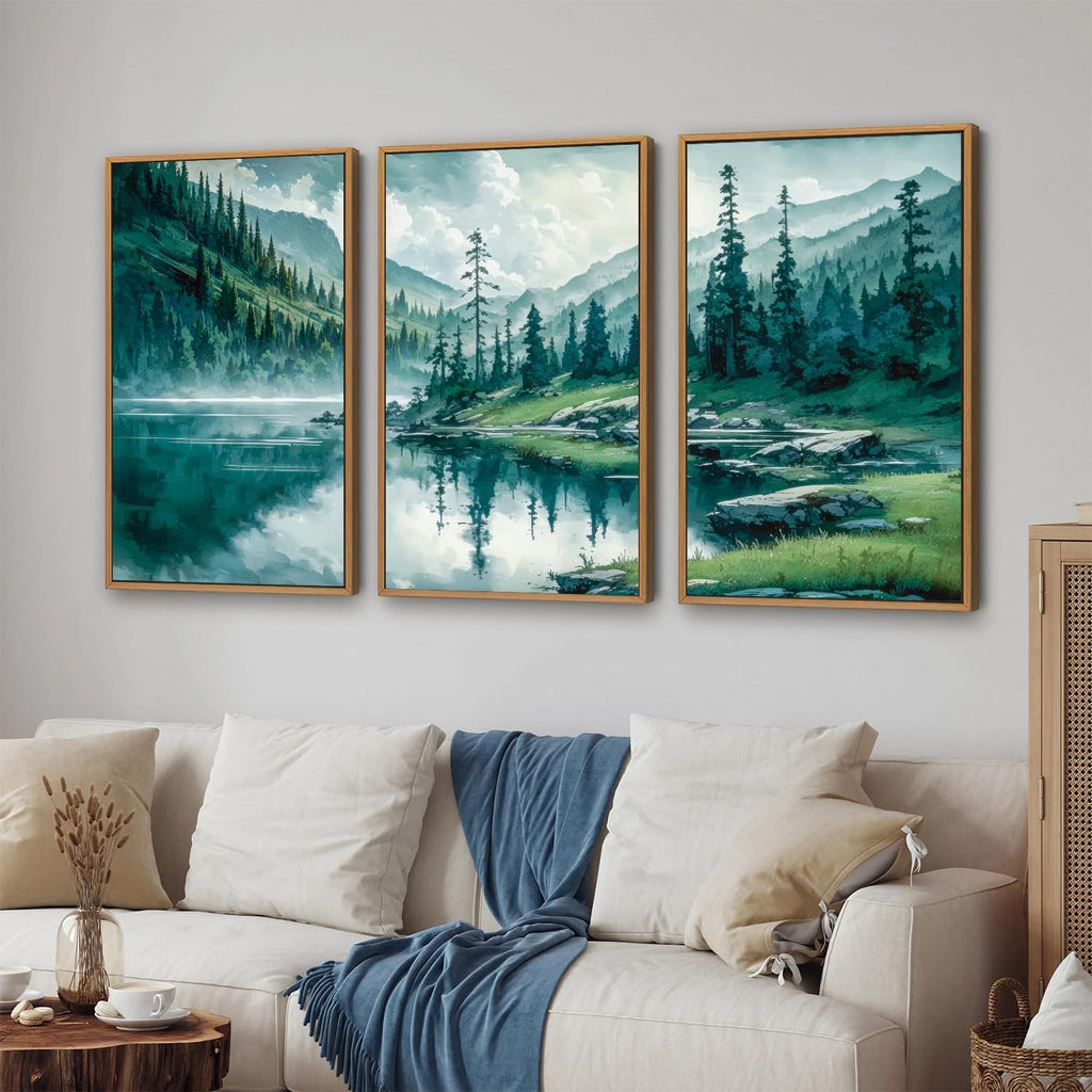 Large Nature Forest Framed Canvas Wall Art Set, Boho Mountains Calming Lake Wall Decor, Green Pine Trees Artwork