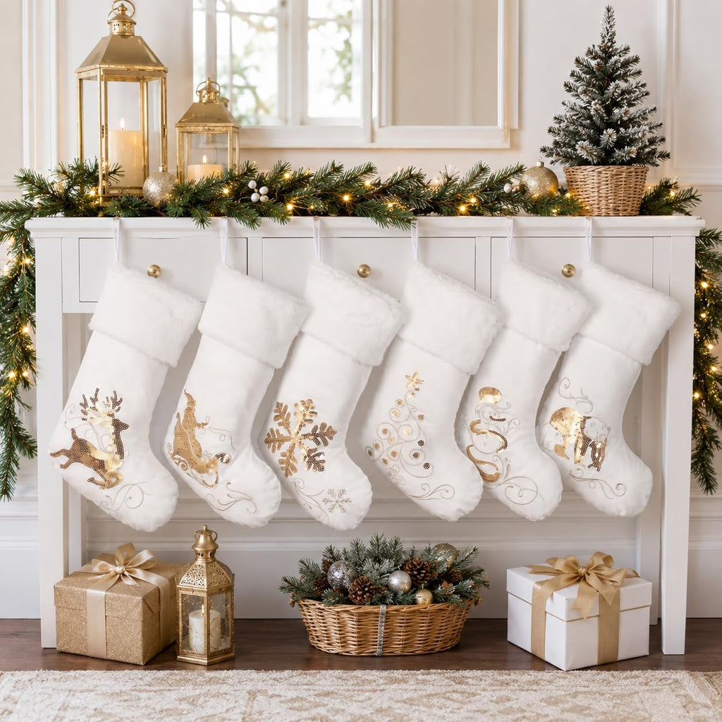 Large White Velvet Christmas Stockings Set of 6 with Gold Embroidery
