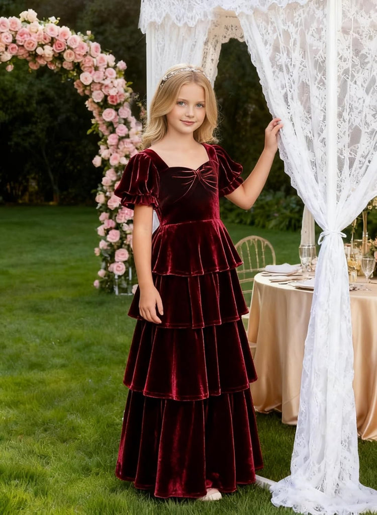 Girls Velvet Pleated Junior Bridesmaid Dress A-Line Short Lantern Sleeves Flower Girl Formal Ball Gown 2542