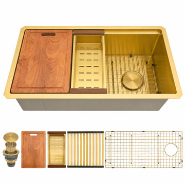 Gold Kitchen Sink Offset Drain, 30"X18" Undermount Single Bowl Sink