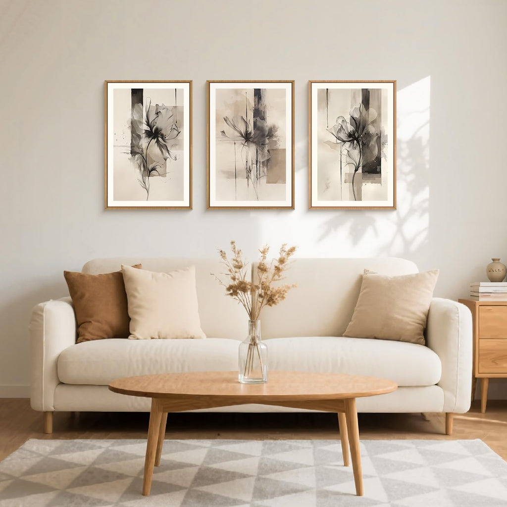 Large Black Beige Floral Canvas Wall Art Set 3, Neutral Abstract Florals Framed Prints, Brushstroke Geometry Line