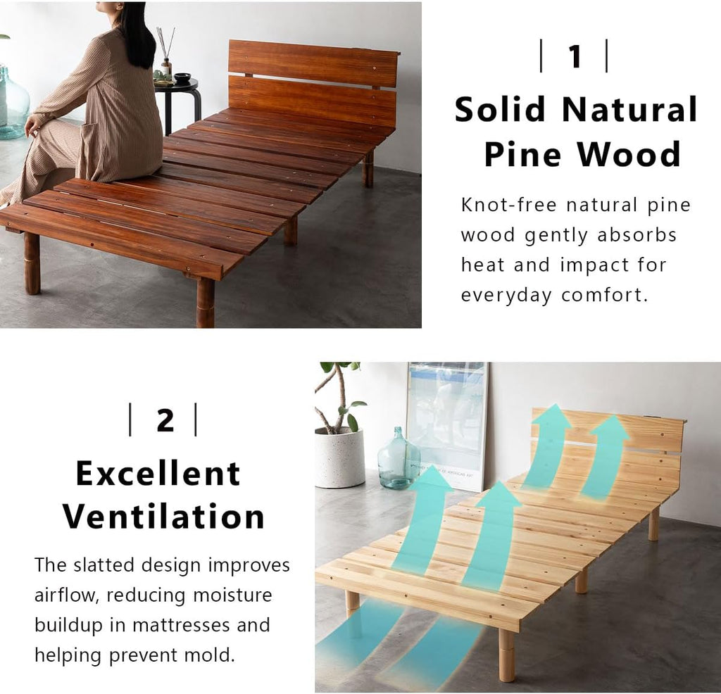 Wood Slatted Floor Bed Frame for Japanese Futon Mattress (Earth-Natural), Head Board Height