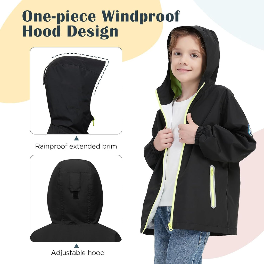 Kids Rain Jacket with Air Vents Mesh Lined, Hooded Raincoats with Extended Brim for Boys Girls