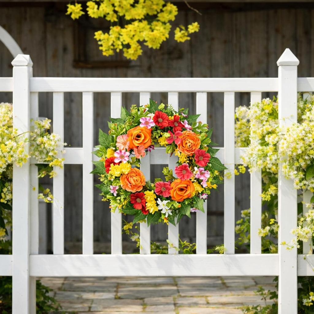 20 Inch Spring Wreath for Front Door, Artificial Silk Flower Wreath on Grapevine Base with Orange Rose-Style Blooms