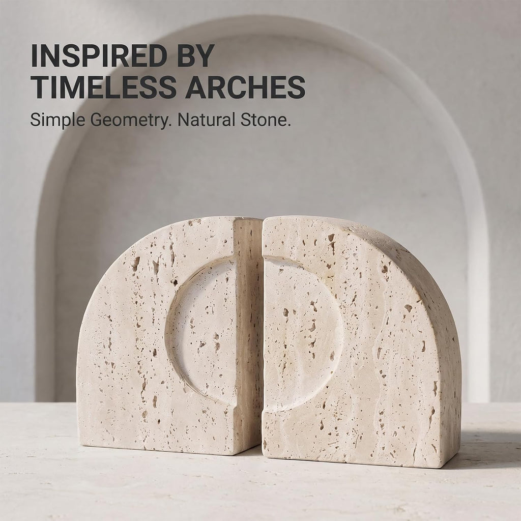 Travertine Book Ends, Decorative Stone Bookends for Shelves, Heavy Bookends | Natural StoneBook Stopper | Sculptural