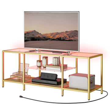 TV Stand with LED Lights and Power Outlets for TVs up to 65", Modern 55 Inch Tempered Glass TV Console Table with