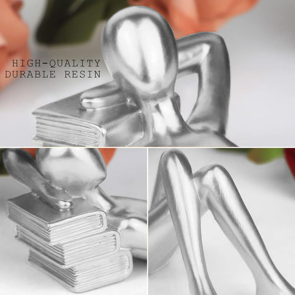 Silver Home Decor Thinker Reading Women Statue, Modern Shelf Decor Accent Decorations, Resin Collectible Figurines