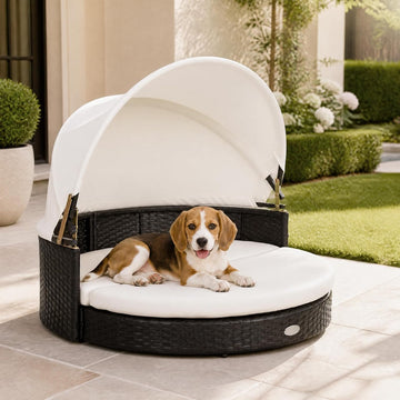 Wicker Dog House with Retractable Canopy