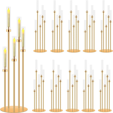 10 Sets 5 Arms Acrylic Candelabra for Tables,42'' Tall Candlesticks Holder with Lampshade,Wedding Centerpieces,Gold
