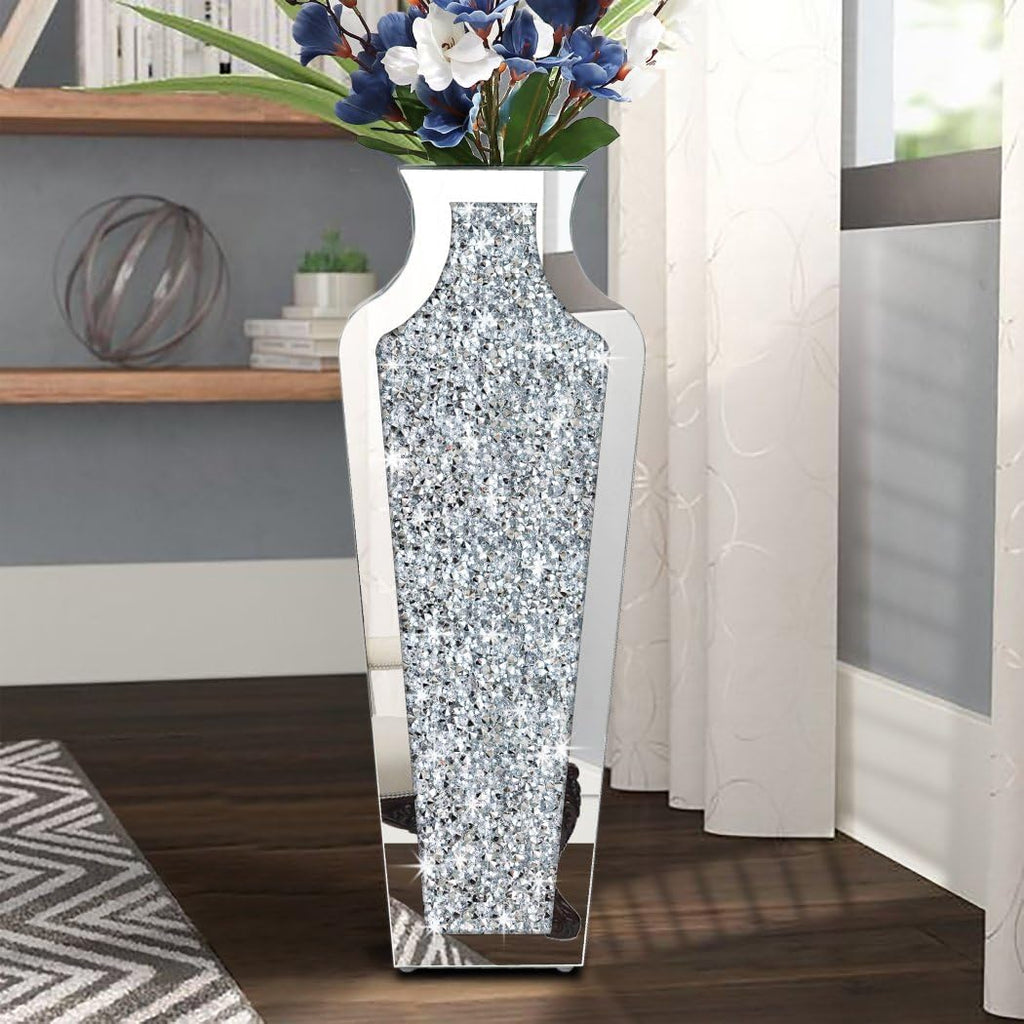 27" Tall Diamond Mirrored Floor Vase Silver Glass Decor for Flower No Water | Sparkling diamond mirror glass.