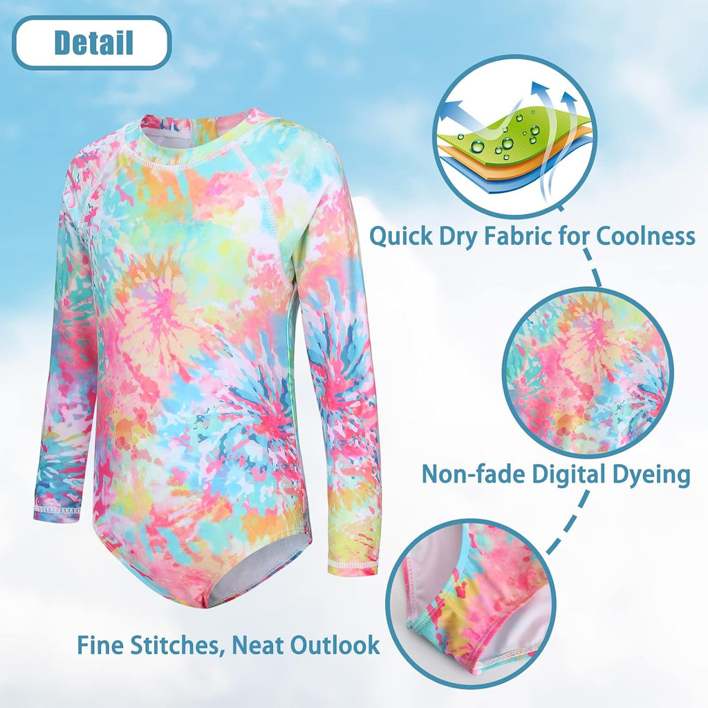 Girls Long Sleeve Rash Guard One Piece Swimsuits for Kids Tie Dye Bathing Suit UPF 50+ Swim Shirts