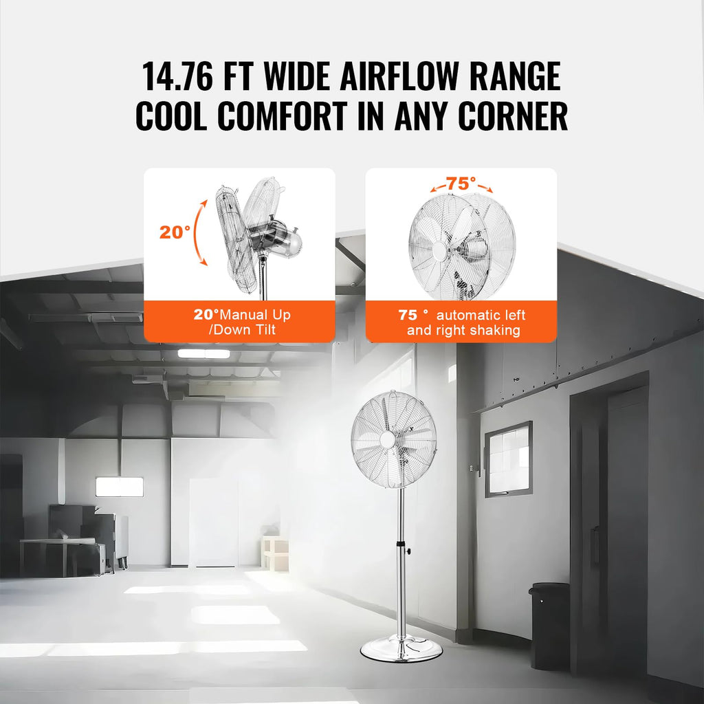 Industrial Pedestal Fan, 16 Inch 75-Degree Oscillating Fan, Height Adjustable Standing Fans with 3 Adjustable Speeds