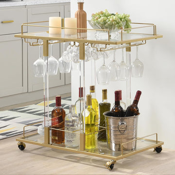 Bar Cart Bar Chrome Serving Cart with Wine Rack 2-Tier Acrylic Rolling Bar Carts on Wheels Clear Dessert Cart Lucite