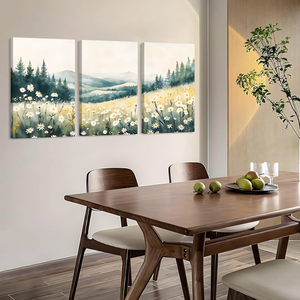 Boho Mountain Flower Wall Art Landscape Green Daisy Canvas Wall Decor Abstract Wildflower Art Prints Farmhouse