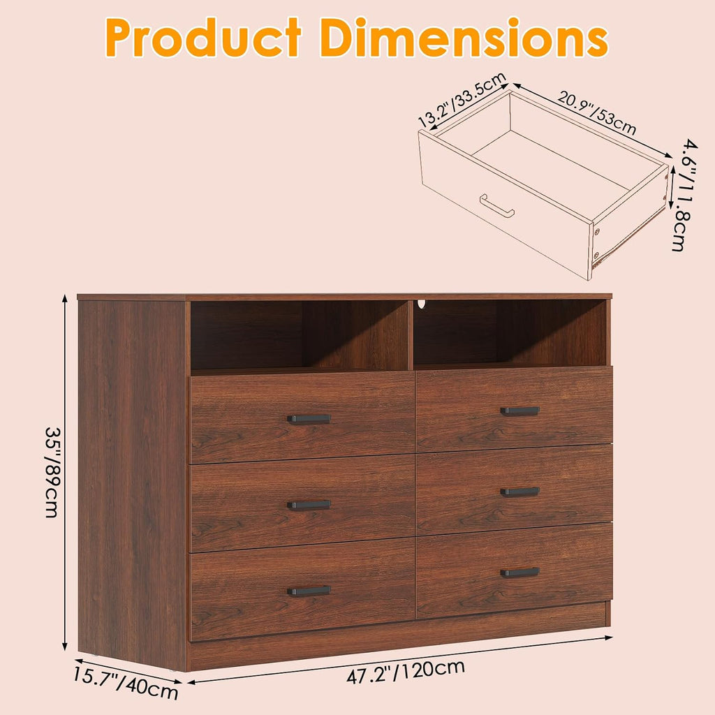 6 Drawers Dresser Wooden Drawer with Open Storage Cubby, Double Wide Dresser Organizer (Walnut Brown)
