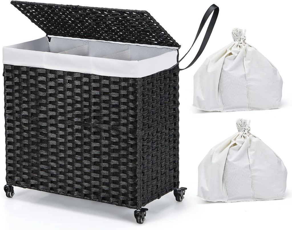 Laundry Hamper with Wheels and Lid, 125L Rattan Clothes Hamper with 2 Removable Liner Bags & Handle, 3-Section