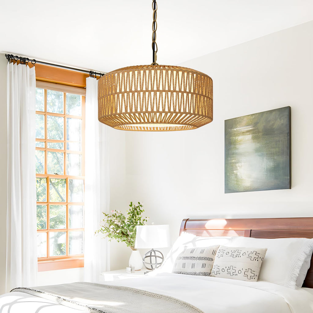 19" Rattan Chandelier, Gold Boho Dining Room Light Fixture