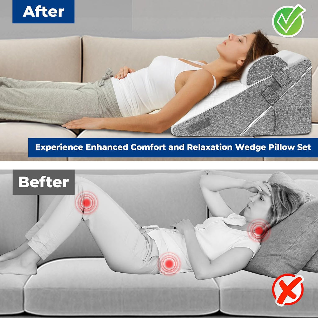 Wedge Pillow Headboard for Sleep, 3PCS Adjustable Bed Wedge Pillow for Acid Reflux&Back Pain Relief, Sleeping, Back