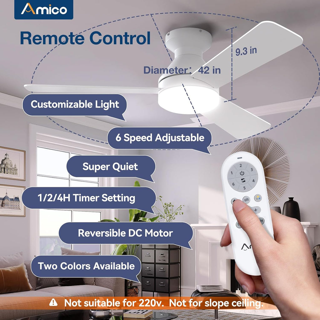Ceiling Fans with Lights, 42 inch Low Profile Ceiling Fan with Light and Remote Control, Flush Mount, Reversible, 3CCT, Dimmable, Noiseless, White Ceiling Fan for Bedroom, Indoor/Outdoor Use A102-B0C61JL3HL