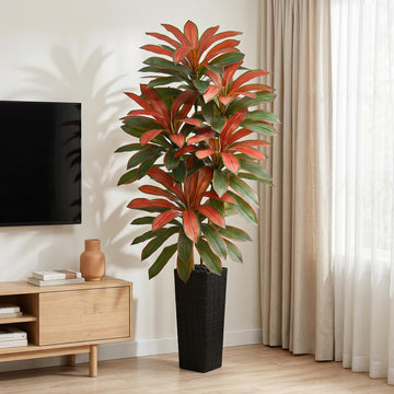 Artificial Red Dracaena Tree 7FT - Fake Tree with Black Tall Planter