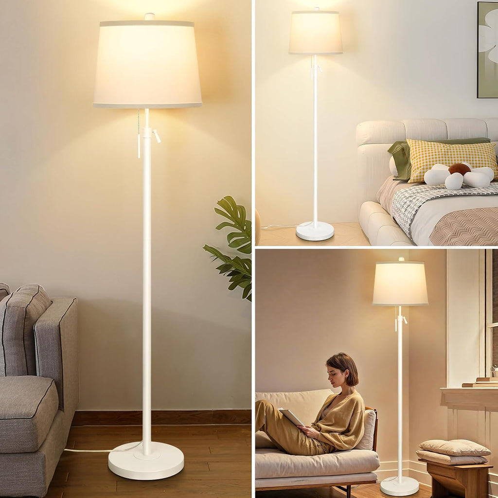 White Floor Lamp 55-65" Adjustable Height Modern Standing Lamp with Pull Chain Tall Pole Light with White Shade