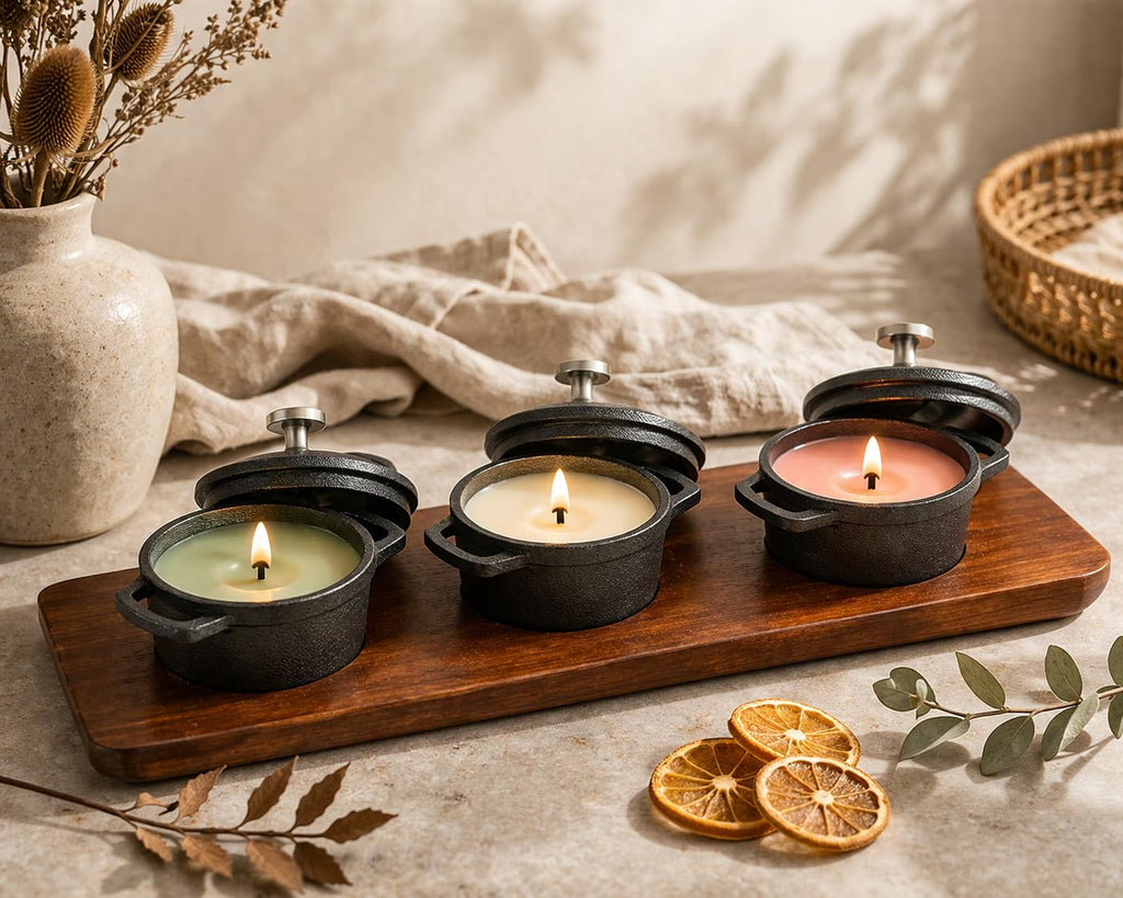 Mini Cast Iron Cocottes, Dia 3 inch, 4 oz. Set of 3 PCS, Mini Dutch Oven, with Wooden Tray, 7-Piece