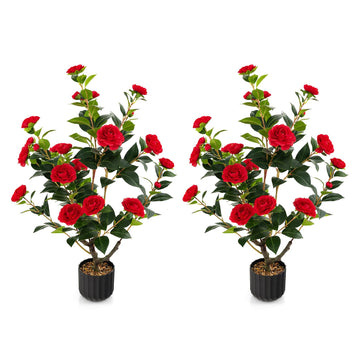 Artificial Camellia Tree Set of 2, 38" Tall Potted Plants Artificial Decoration w/Cement Pot, 24 Flowers, Decorative