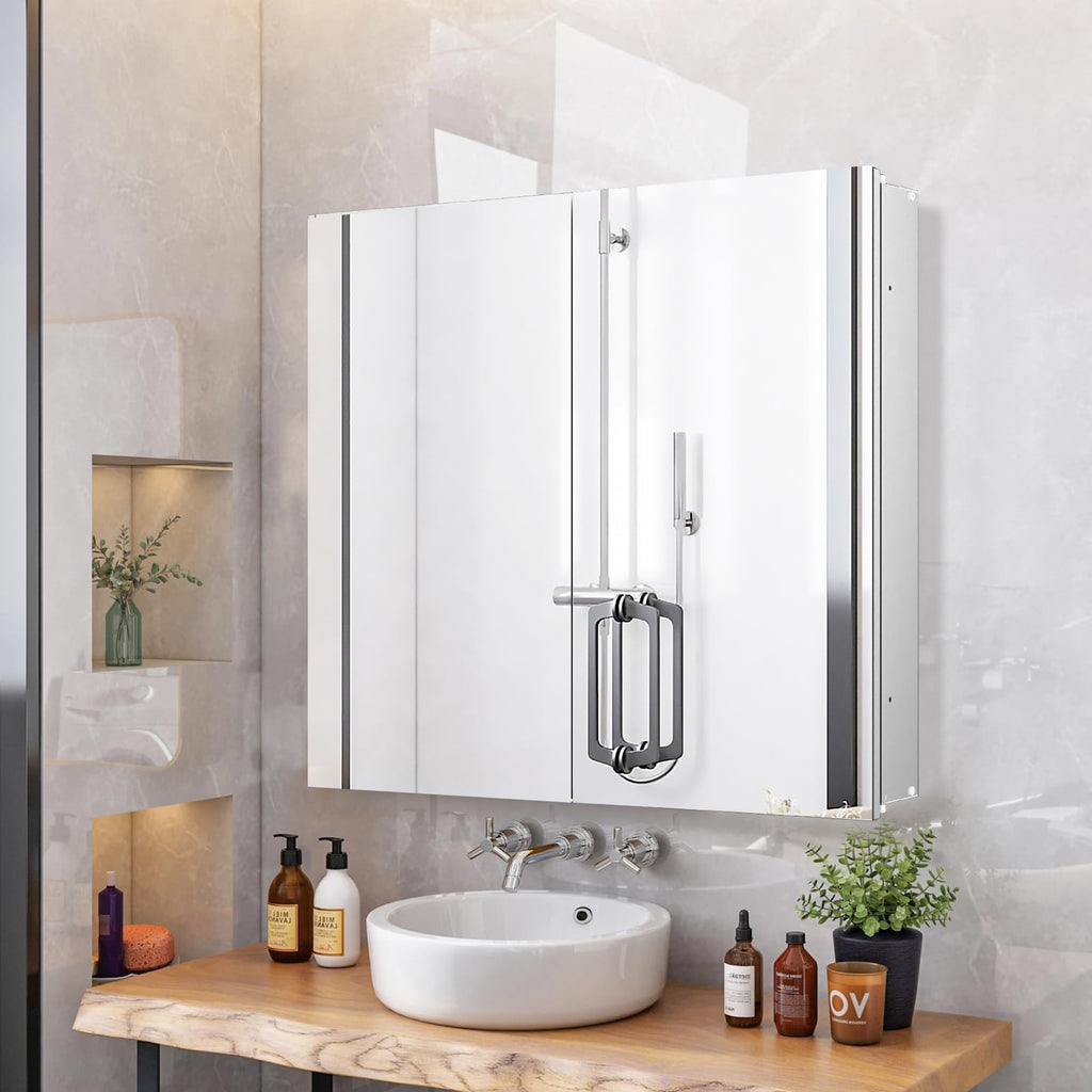 Medicine Cabinet with 26x30 inch Mirror, Mirror Cabinet with Assembly Needed, Aluminum Surface Mount or Recessed Wall