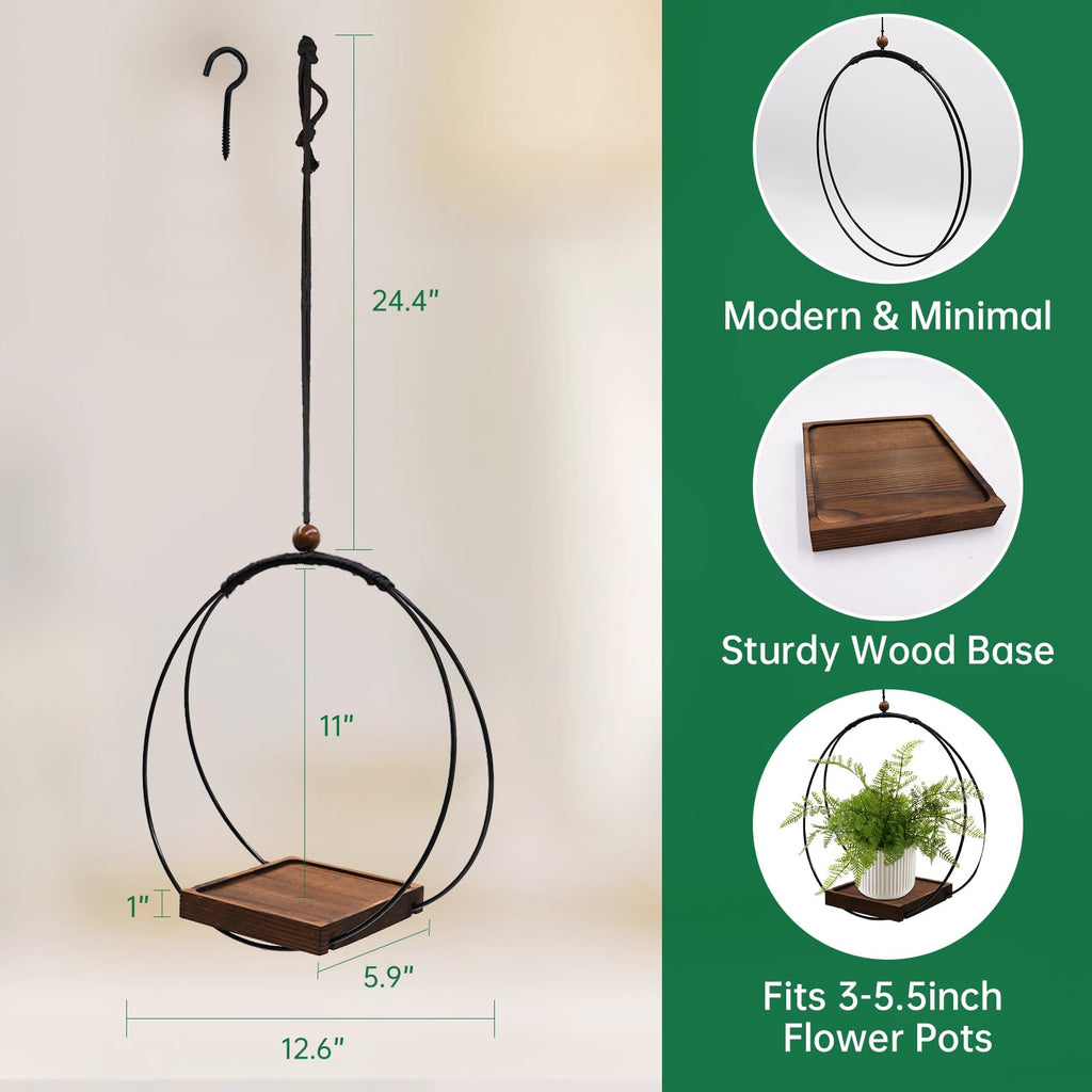 2 Pack Hanging Planter for Indoor Plants, Black Plant Hanger with Sturdy Wood Base, Modern Boho Macrame Hanger, Wall