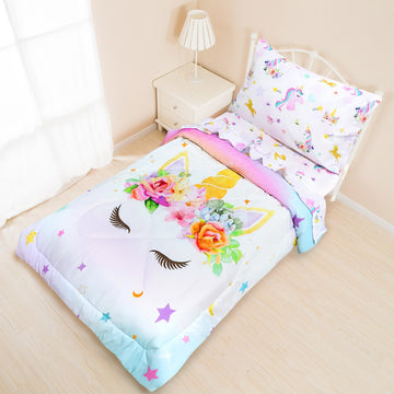 Toddler Bedding Sets for Girls, Unicorn Toddler Crib Bedding Set 4 Piece Pink Floral Toddler Comforter Set Includes