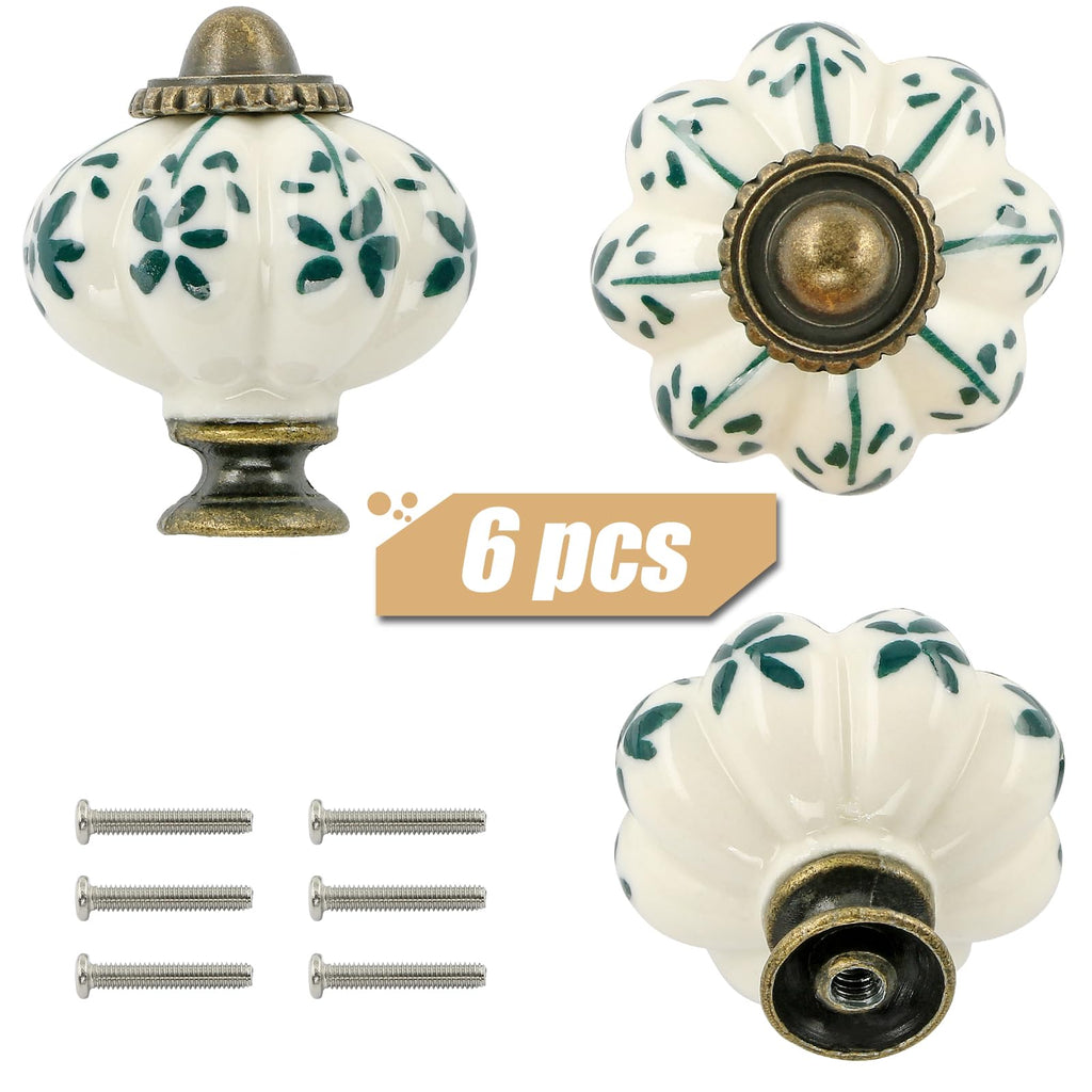 6pcs Ceramic Pumpkin Knobs - Green Flower